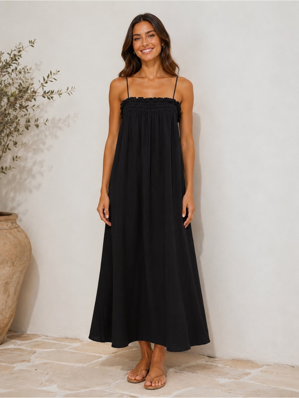 H&M black gray striped smocked Maxi Dress spaghetti straps ruffle cotton LARGE
